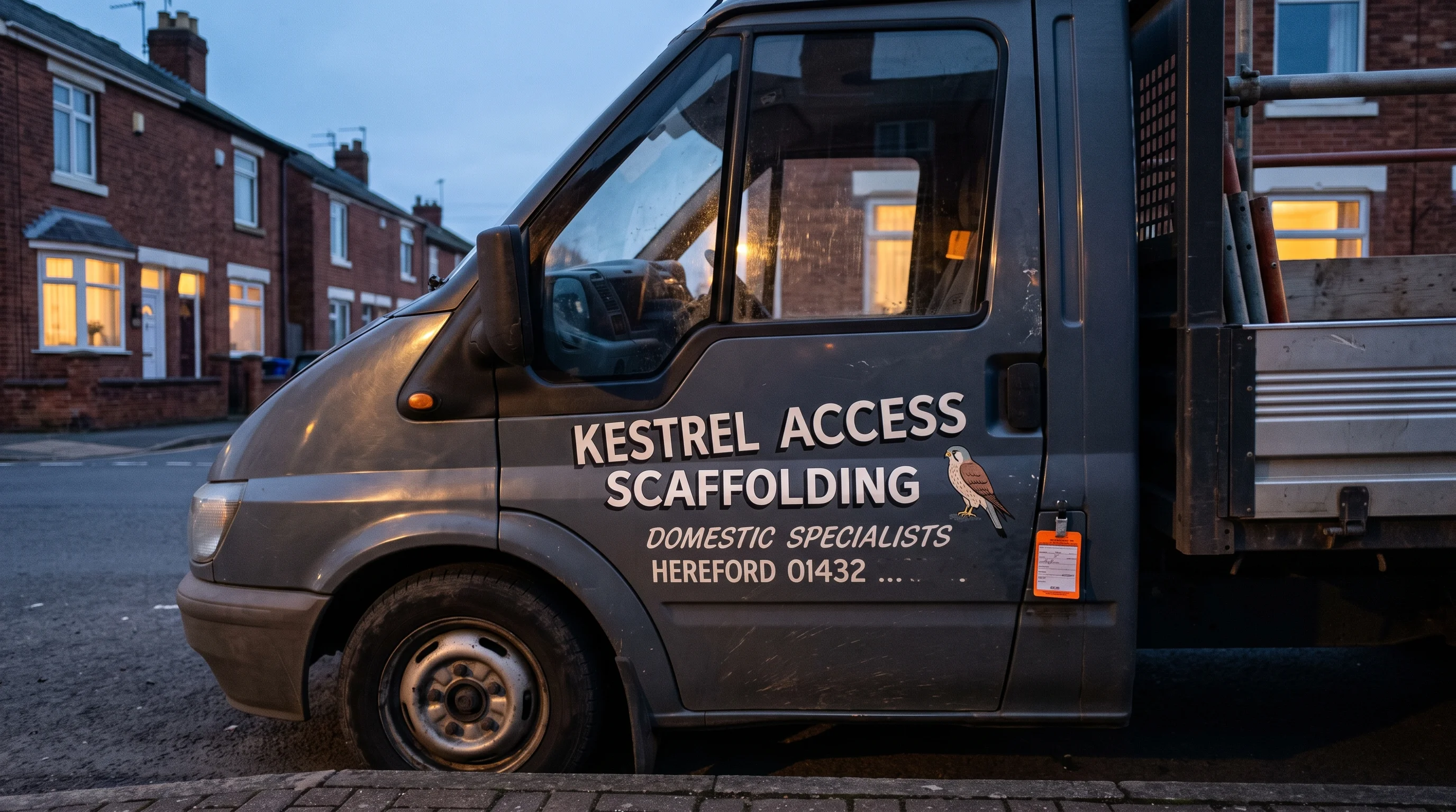 Cab door of a small flatbed lorry with hand-painted trade lettering, parked on a terraced street at dusk