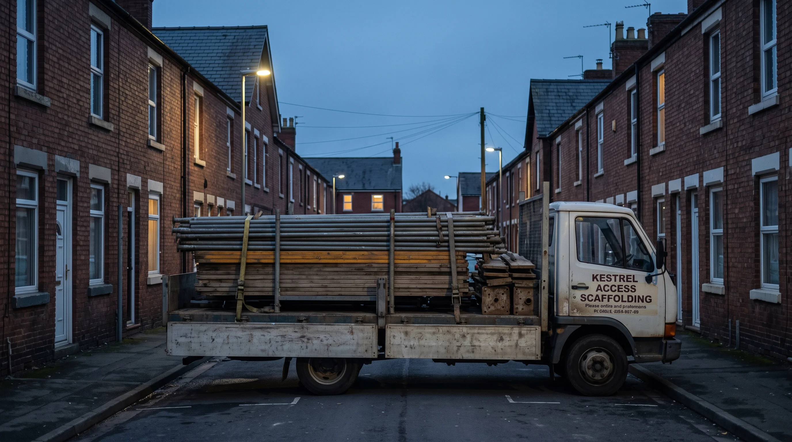 Small flatbed lorry loaded with scaffold tube and boards parked on a terraced street at dusk