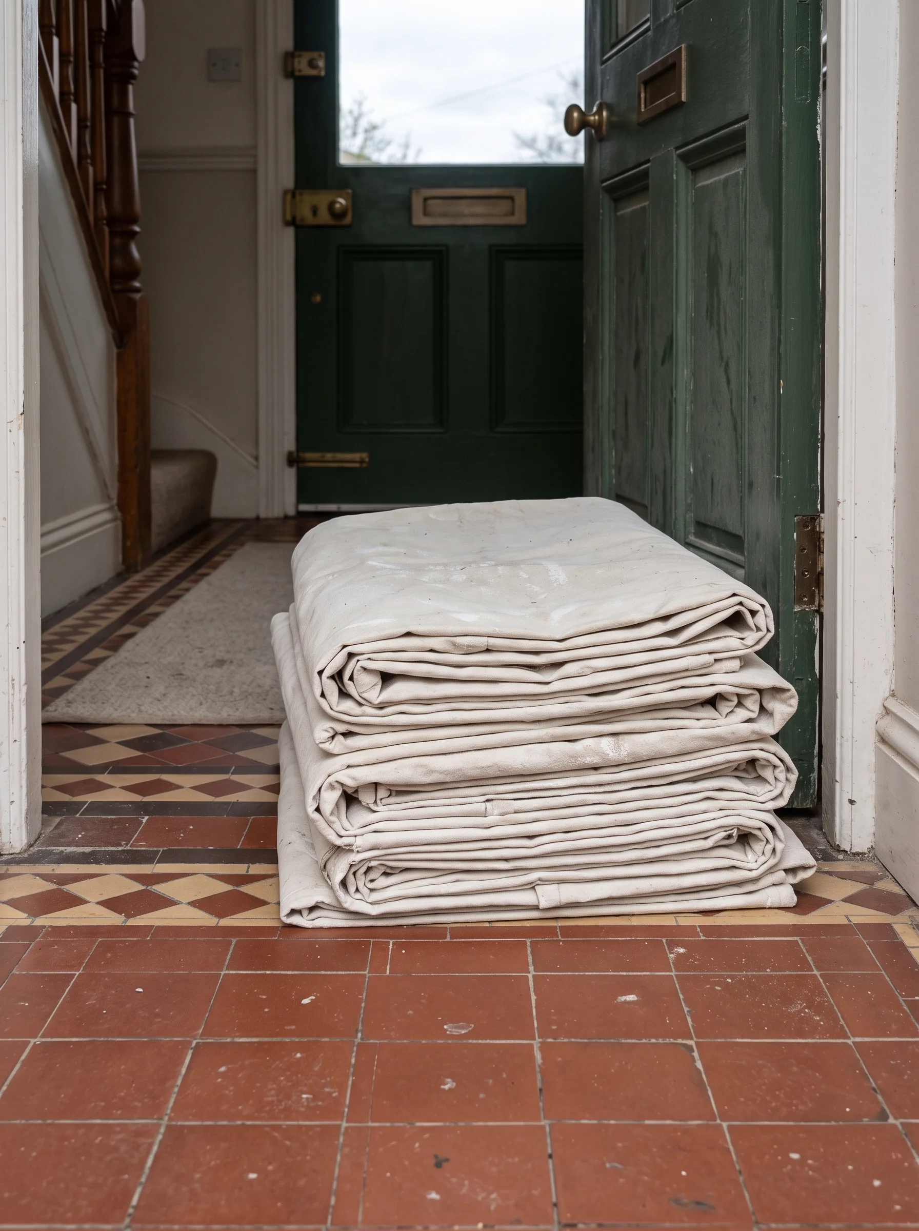 Dust sheets folded into a neat stack on patterned tiles inside a terraced house front door
