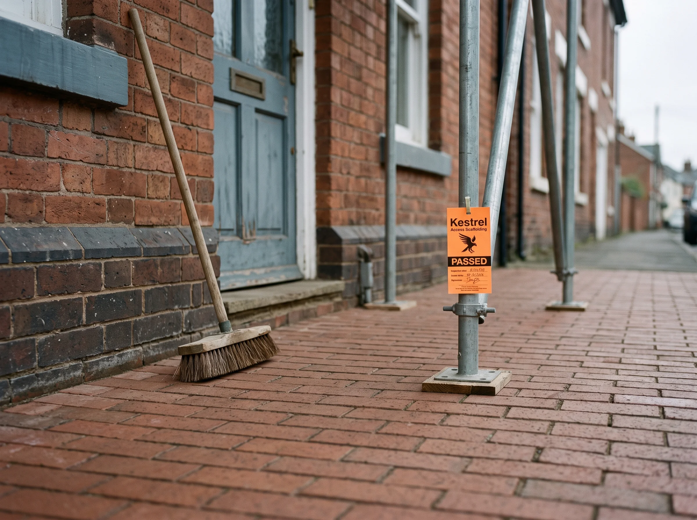 A wooden push broom leaning against a red brick wall next to a blue door and metal scaffolding with an orange safety tag.