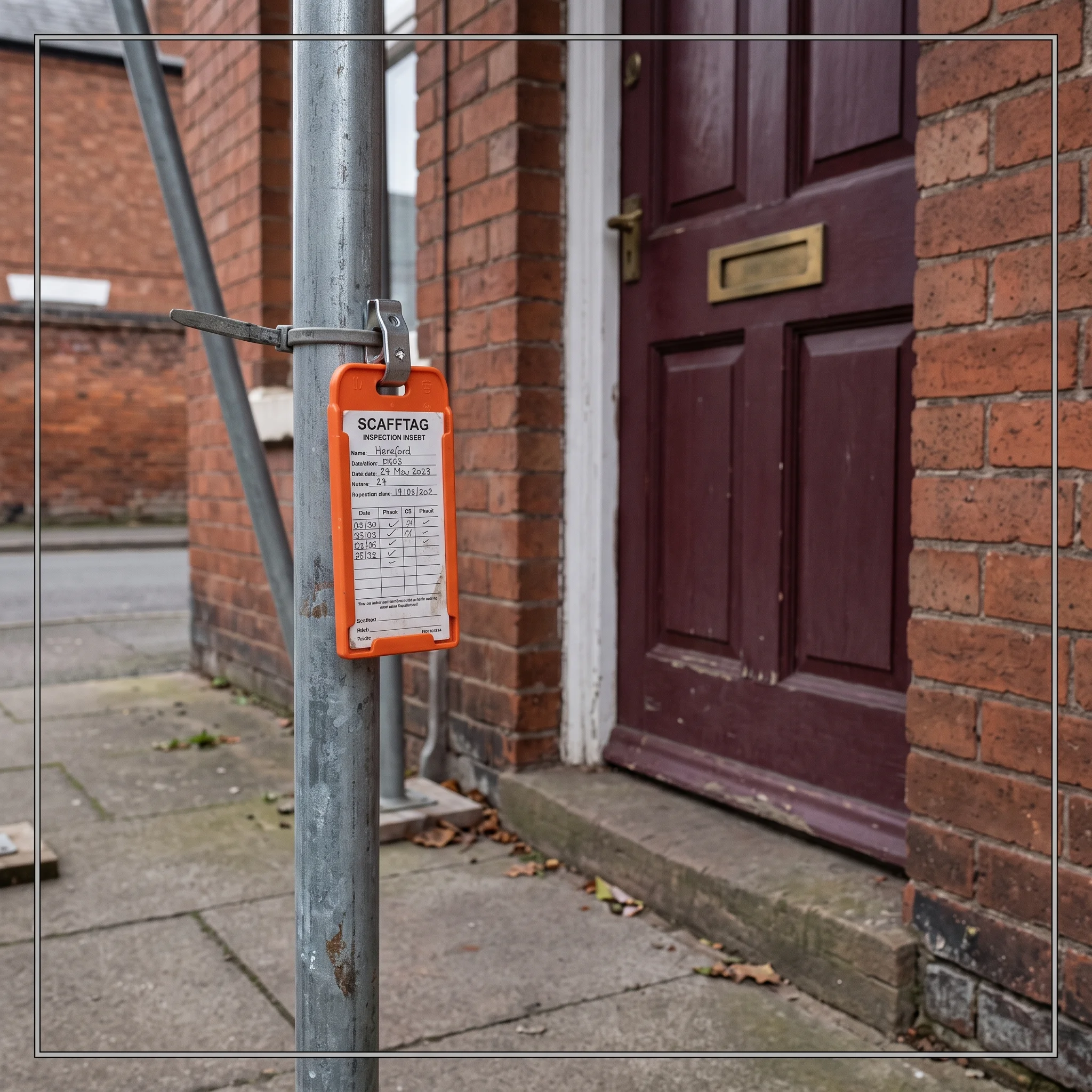 Orange inspection scafftag clipped to a galvanised scaffold standard beside a front door and brass letterbox