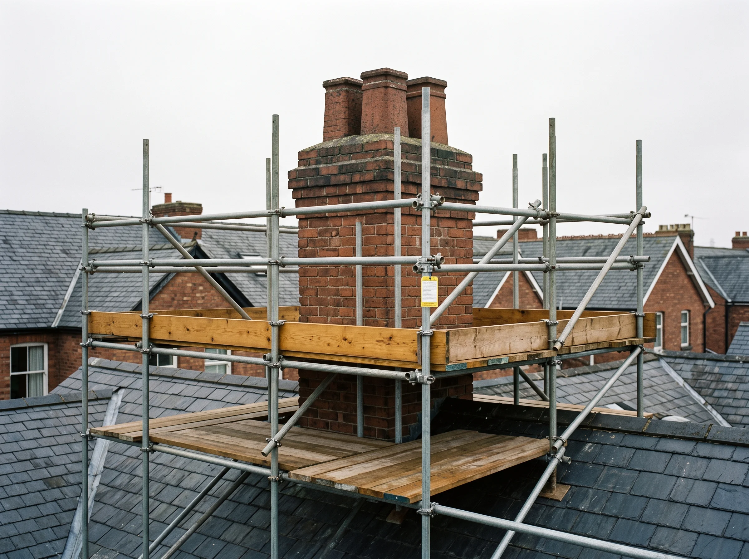 Scaffold boards at roof height leading to a red-brick chimney stack framed by tube and couplers