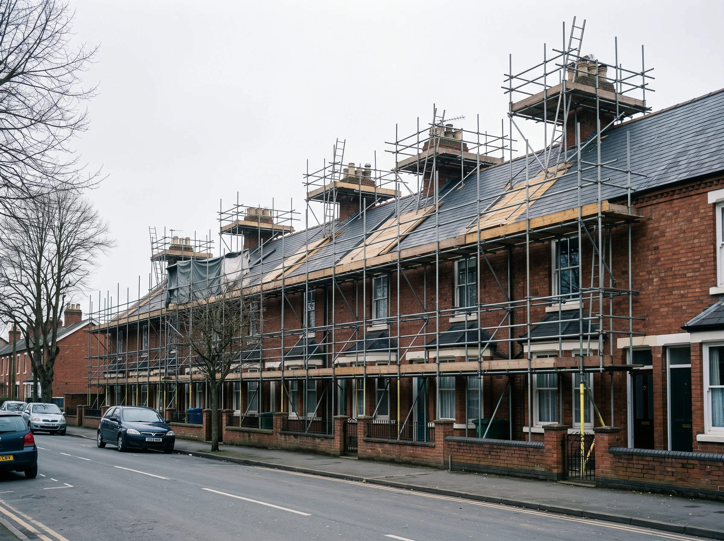 Terraced house front with scaffold boards running the full length of the roofline during a re-roof