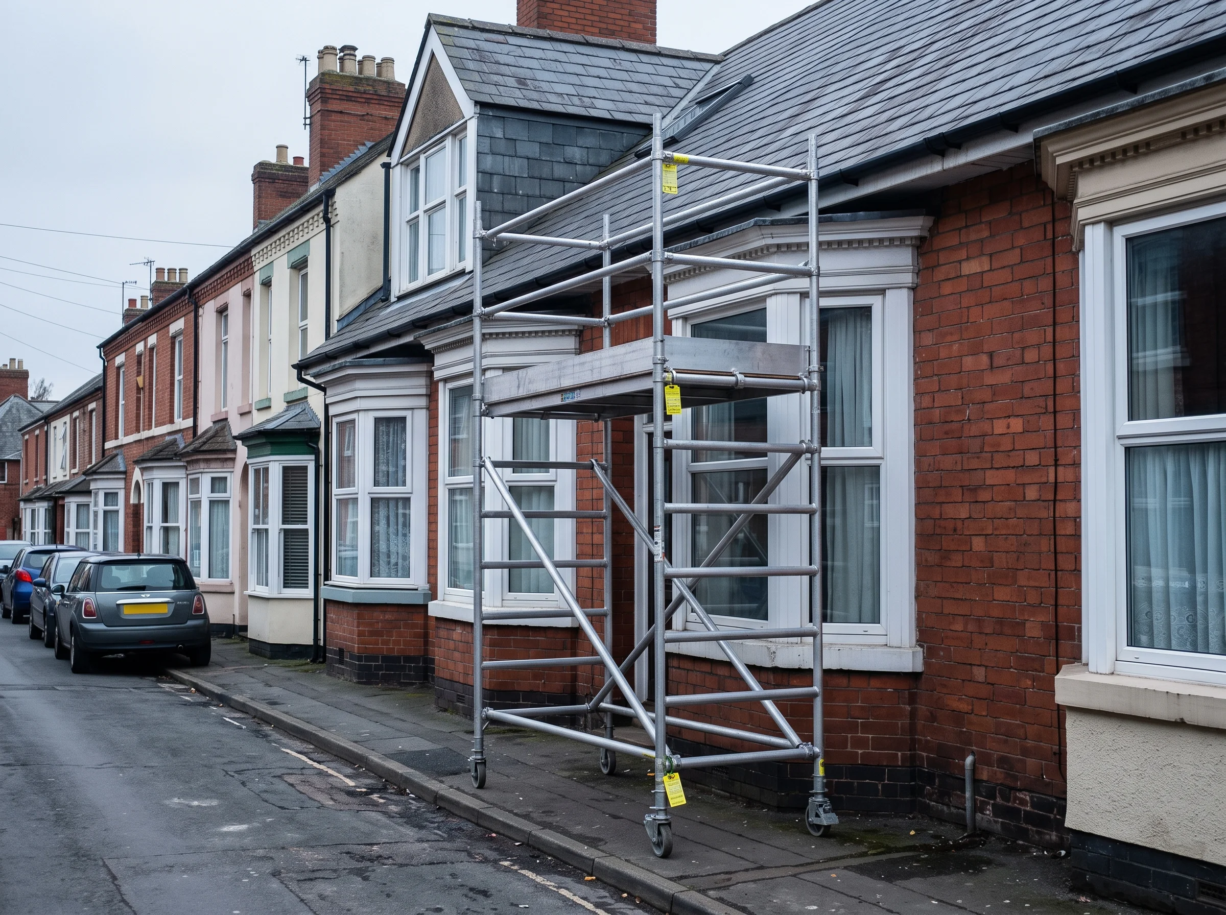 Short galvanised access tower against the front bay of a terraced house for gutter and fascia work