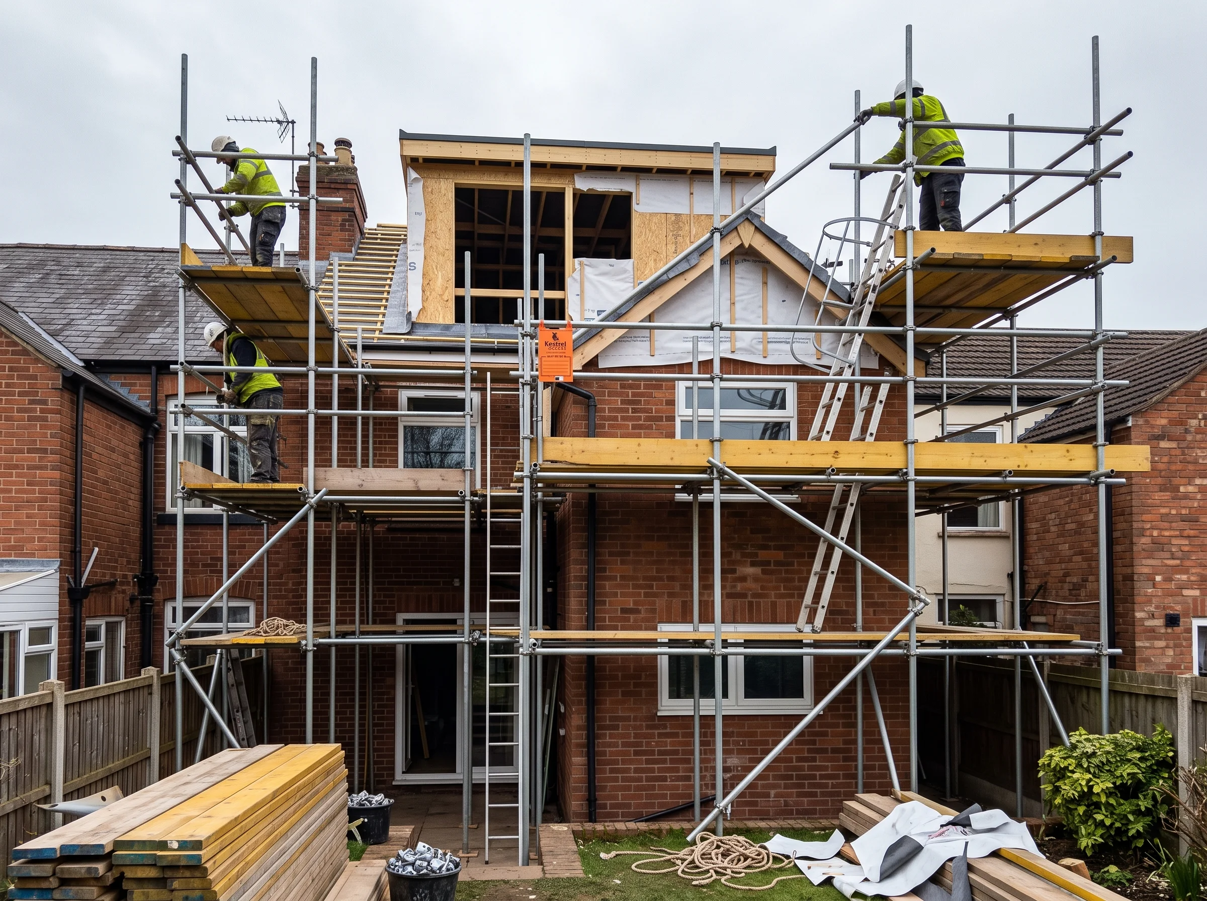 Scaffold lift with handrails around a part-built loft dormer at the rear of a terraced house