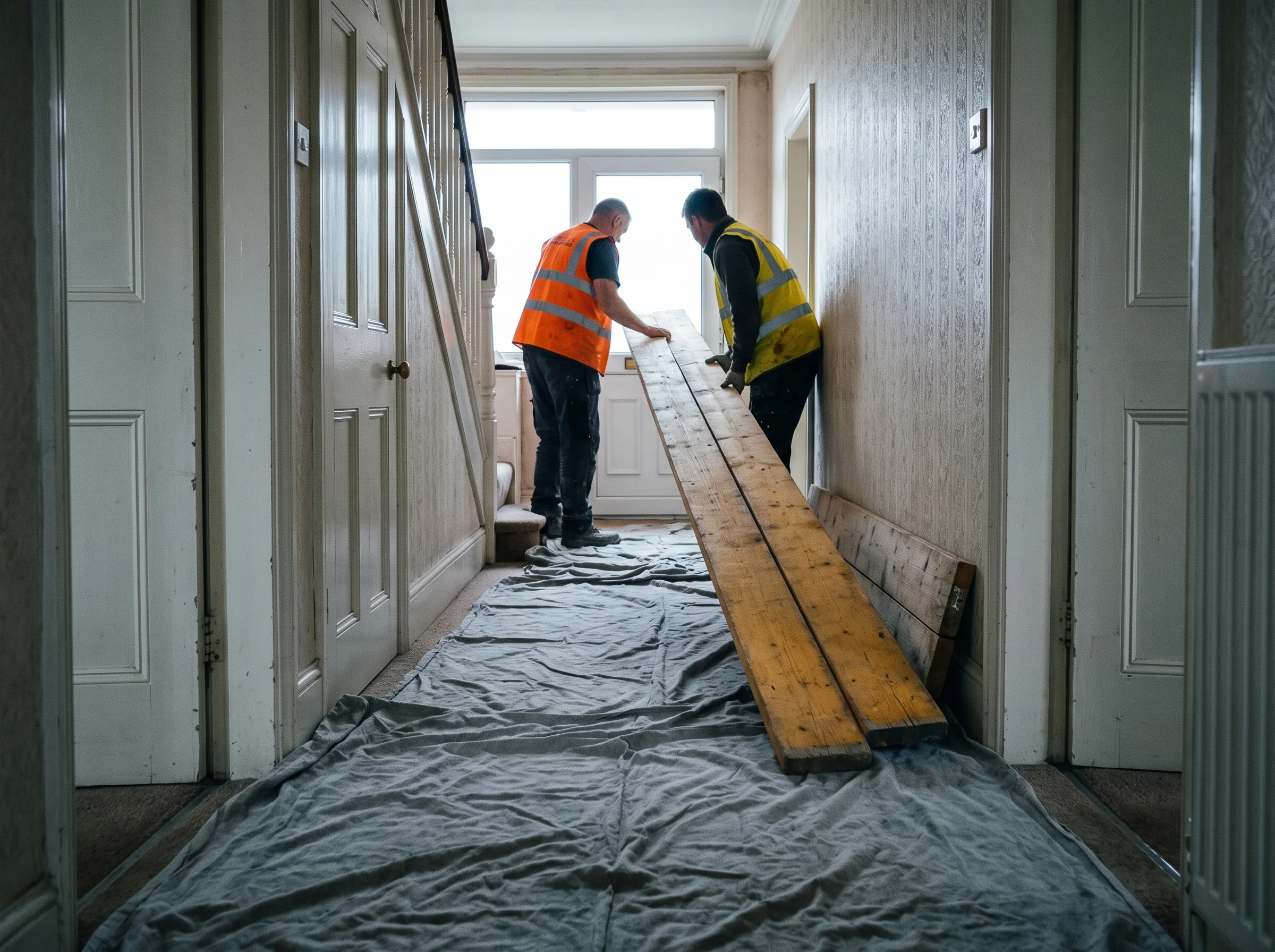 Two workers in high-visibility vests carry wooden boards over a grey dust sheet in a hallway.