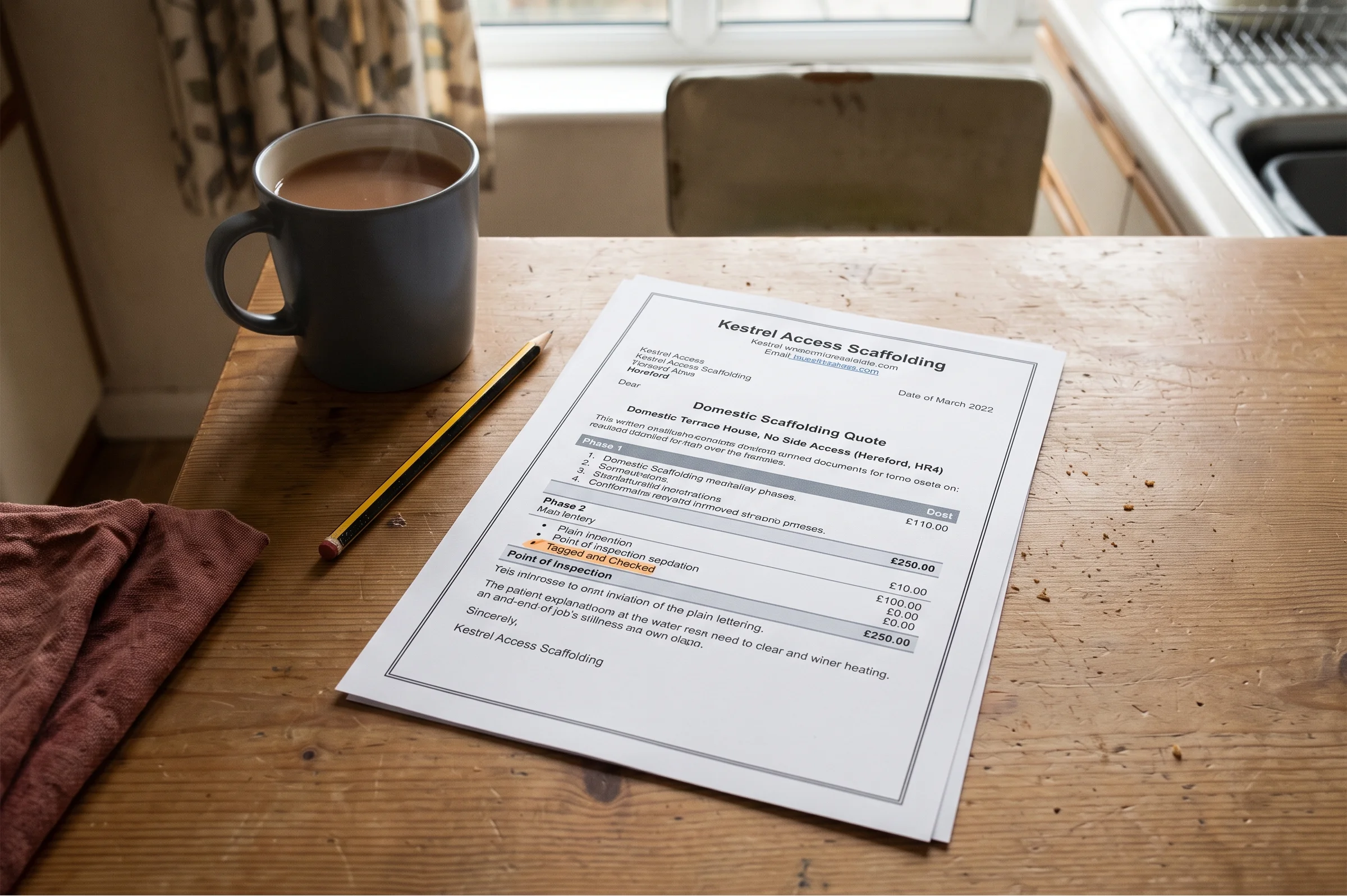 A written scaffolding quotation on a kitchen table next to a mug of tea and a pencil